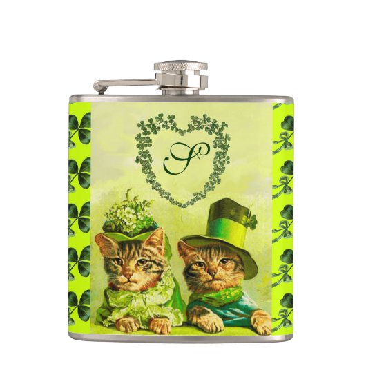 GRAppige OUDE MODE ST.PATRICKSDAY KATTEN MET HART Heupfles (Voorkant)