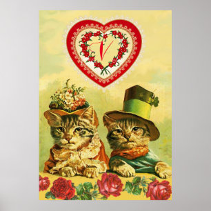 GRAPPIGE OUDE MODE VALENTIJNSE DAG KATTEN,Harten,R Poster