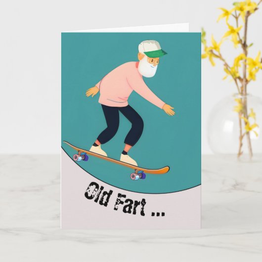 Grappige oude scheet skateboarder verjaardag kaart (Gele Bloem)