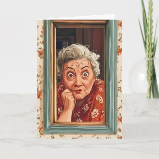 Grappige oude vrouw raam feestdagen kaart (Voorkant)