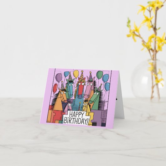 Grappige paarden met ballonnen Verjaardag Kaart (Gele Bloem)