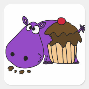 Grappige Paarse nijlpaard eten cupcake Vierkante Sticker