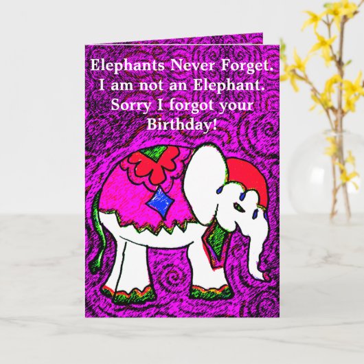 Grappige Paarse Olifant Vertraagde Verjaardagskaar Kaart (Gele Bloem)