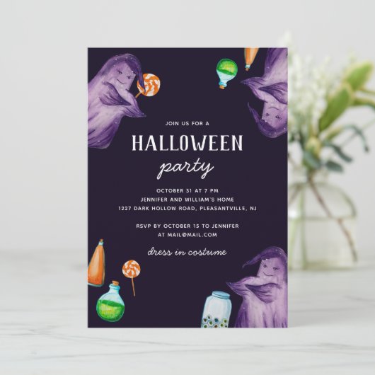 Grappige paarse waterverf geest. Halloweenfeest Kaart (Staand voorkant)