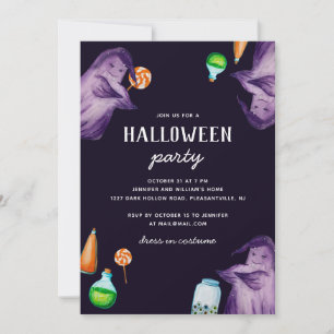 Grappige paarse waterverf geest. Halloweenfeest Kaart