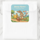 Grappige paas Cartoon | Bunny steelt eieren van ki Vierkante Sticker (Tas)