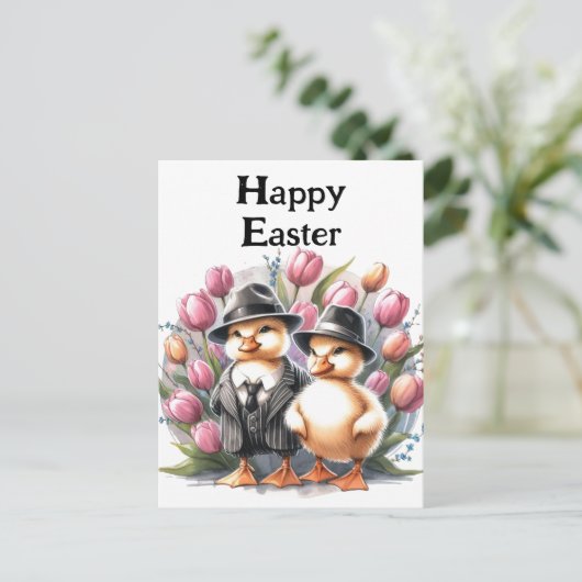 Grappige  paaseendjes in pakken roze tulp briefkaart (Staand voorkant)