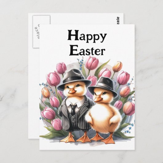 Grappige paaseendjes in pakken roze tulp briefkaart (Voorkant / Achterkant)