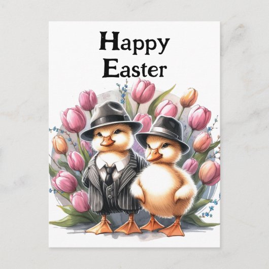 Grappige  paaseendjes in pakken roze tulp briefkaart (Voorkant)