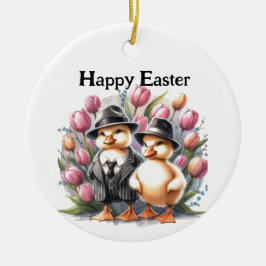 Grappige  paaseendjes in pakken roze tulp keramisch ornament