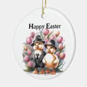 Grappige  paaseendjes in pakken roze tulp keramisch ornament (Links)