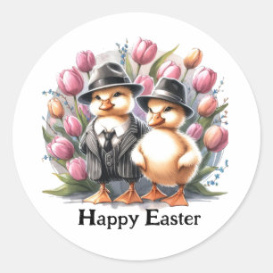Grappige paaseendjes in pakken roze tulp ronde sticker