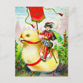 Grappige paasgroeten: ruiter op reusachtige kuiken briefkaart