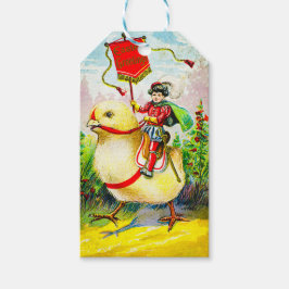 Grappige paasgroeten: ruiter op reusachtige kuiken cadeaulabel