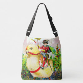 Grappige paasgroeten: ruiter op reusachtige kuiken crossbody tas