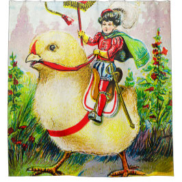 Grappige paasgroeten: ruiter op reusachtige kuiken douchegordijn