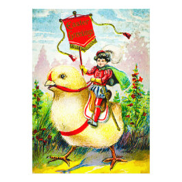 Grappige paasgroeten: ruiter op reusachtige kuiken foto afdruk