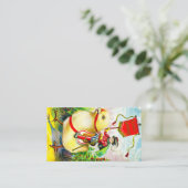 Grappige paasgroeten: ruiter op reusachtige kuiken informatiekaartje (Staand voorkant)