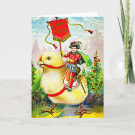 Grappige paasgroeten: ruiter op reusachtige kuiken kaart