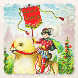 Grappige paasgroeten: ruiter op reusachtige kuiken kartonnen onderzetters