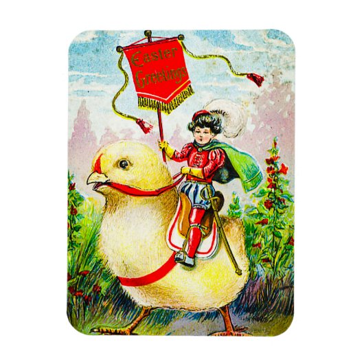 Grappige paasgroeten: ruiter op reusachtige kuiken magneet (Verticaal)