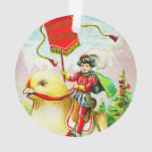 Grappige paasgroeten: ruiter op reusachtige kuiken ornament (achterkant)