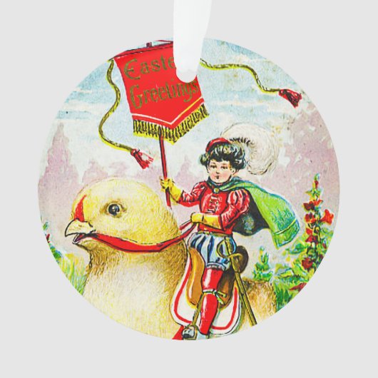 Grappige paasgroeten: ruiter op reusachtige kuiken ornament (voorkant)