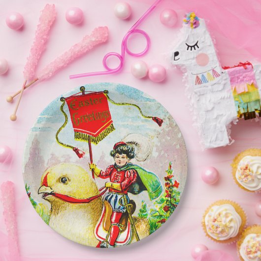 Grappige paasgroeten: ruiter op reusachtige kuiken papieren bordje (Feest)