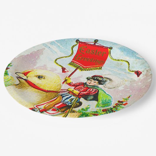 Grappige paasgroeten: ruiter op reusachtige kuiken papieren bordje (Gekanteld)