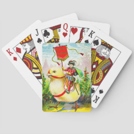 Grappige paasgroeten: ruiter op reusachtige kuiken pokerkaarten