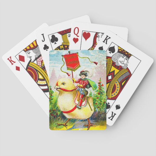 Grappige paasgroeten: ruiter op reusachtige kuiken pokerkaarten (Achterkant)