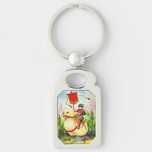 Grappige paasgroeten: ruiter op reusachtige kuiken sleutelhanger (Voorkant)