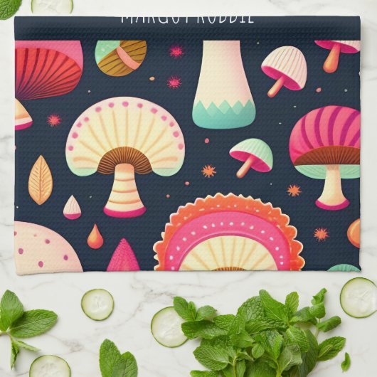 Grappige paddenstoel roze blauw isometrisch patroo theedoek (Gevouwen)