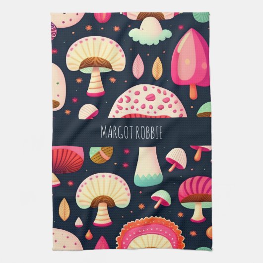 Grappige paddenstoel roze blauw isometrisch patroo theedoek (Verticaal)