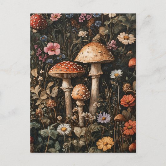 Grappige paddenstoelen en wilde bloemen botanisch briefkaart (Voorkant)