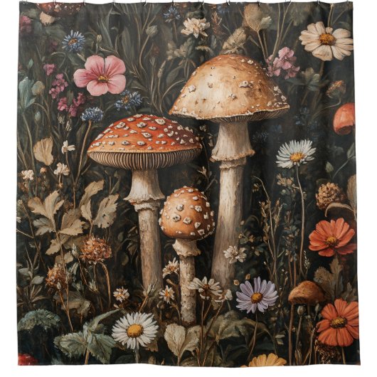 Grappige paddenstoelen en wilde bloemen botanisch douchegordijn (Voorkant)