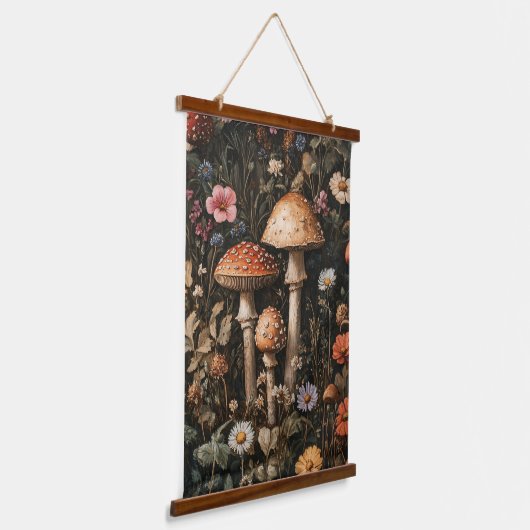 Grappige paddenstoelen en wilde bloemen botanisch hangend wandkleed (Gebogen)
