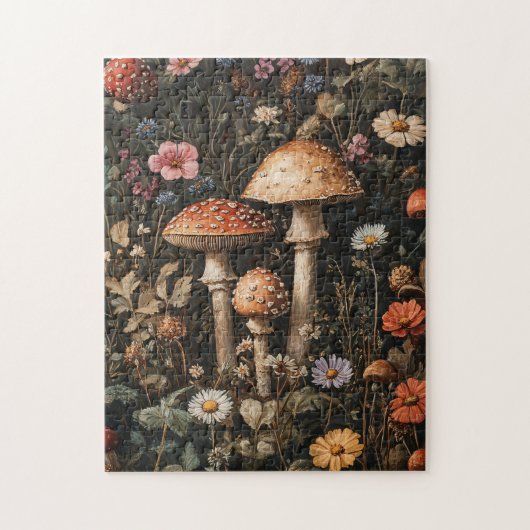 Grappige paddenstoelen en wilde bloemen botanisch legpuzzel (Verticaal)
