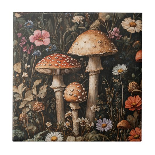 Grappige paddenstoelen en wilde bloemen botanisch tegeltje (Voorkant)
