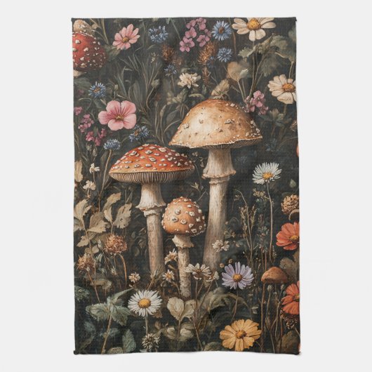 Grappige paddenstoelen en wilde bloemen botanisch theedoek (Verticaal)