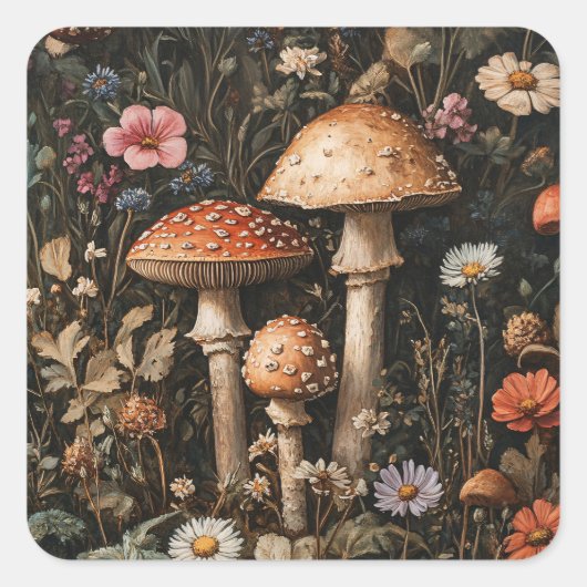 Grappige paddenstoelen en wilde bloemen botanisch vierkante sticker (Voorkant)