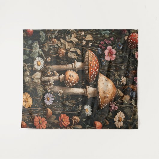 Grappige paddenstoelen en wilde bloemen botanisch wandkleed (Voorkant (horizontaal))