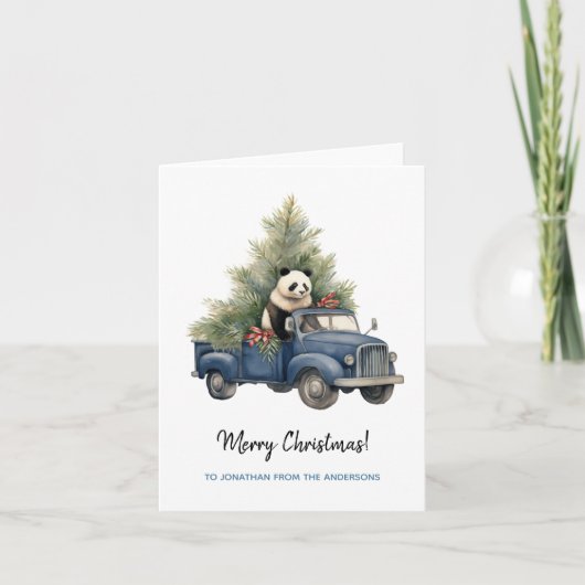 Grappige Panda in Blauwe Retro Vrachtwagen Xmas Kaart (Voorkant)