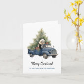 Grappige Panda in Blauwe Retro Vrachtwagen Xmas Kaart (Gele Bloem)