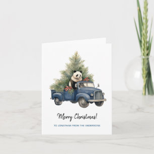 Grappige Panda in Blauwe Retro Vrachtwagen Xmas Kaart