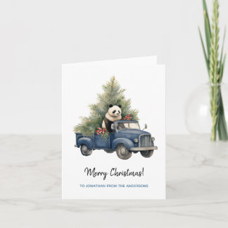 Grappige Panda in Blauwe Retro Vrachtwagen Xmas Kaart