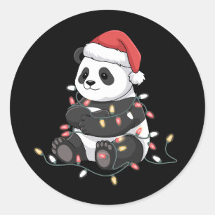 Grappige Panda Kerstmis Dieren Lichtjes Liefhebber Ronde Sticker