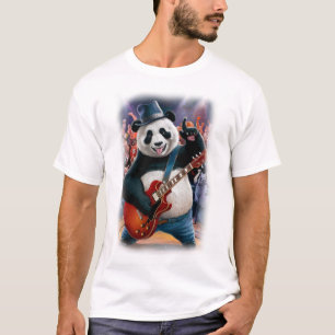 Grappige panda speelt Rock and Roll op een donkerb T-shirt