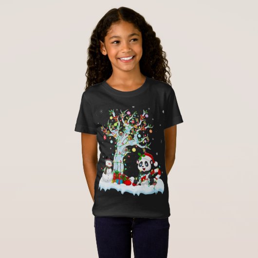 Grappige Panda Xmas Boom Verlichting Santa Hoed Pa T-shirt (Voorkant volledig)