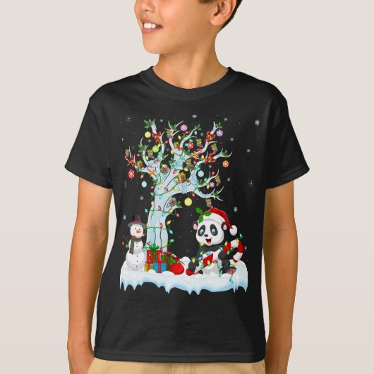 Grappige Panda Xmas Boom Verlichting Santa Hoed Pa T-shirt (Voorkant)